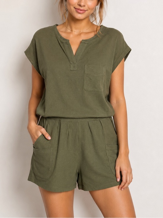 New In Pants - 2pc set Casual Olive Green Shorts Set Short Sleeve Top and Shorts